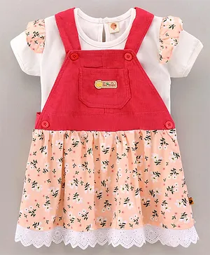 Dew Drops Corduroy Dungaree Style Frock with half Sleeves Inner Tee Floral Print - Peach