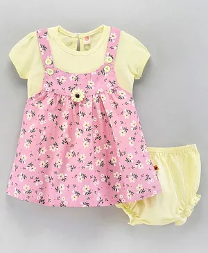 Dew Drops Dungaree Style Frock with Half Sleeves Inner Tee with Bloomer - Pink