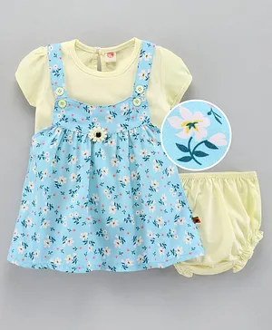 Dew Drops Dungaree Style Frock with Half Sleeves Inner Tee with Bloomer - Blue