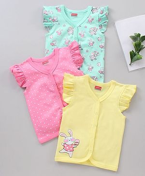 Babyhug Cap Sleeves Cotton Vests Printed Pack of 3 - Pink Blue Yellow