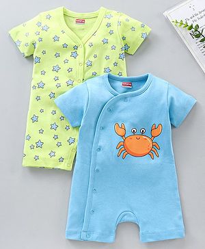 Babyhug 100% Cotton Half Sleeves Rompers Printed Pack of 2- Multicolor