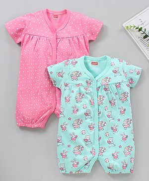 Babyhug 100% Cotton Cap Sleeves Romper Printed Pack of 2- Blue Pink