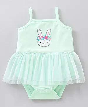 Babyhug 100% Cotton Singlet Sleeves Onesie Bunny Print with Net Detailing - Green