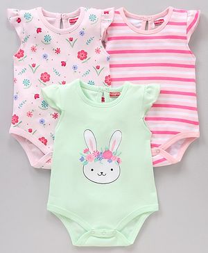 Babyhug Flutter Sleeves 100% Cotton Onesies Striped And Floral Print Pack of 3 - Pink and Blue