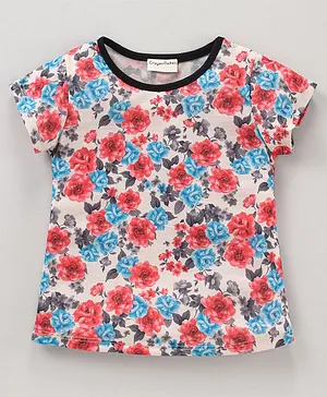 CrayonFlakes Short Sleeves Roses Floral Print Top - Off White