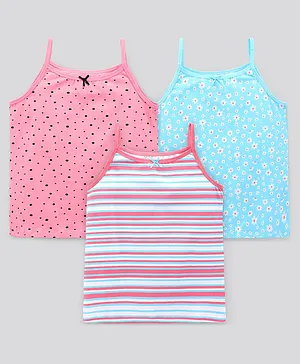 Pine Kids Sleeveless Cotton Lycra  Antimicrobial And BioWashed Slips Stripe Dot And Floral Print Pack Of 3 (Colour May Vary)