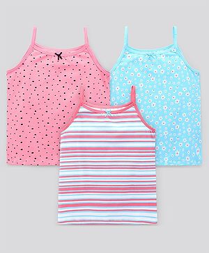 Pine Kids Sleeveless Cotton Lycra  Antimicrobial And BioWashed Slips Stripe Dot And Floral Print Pack Of 3 (Colour May Vary)