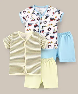 OHMS Half Sleeves Printed Vests with Shorts Sets Pack of 2 - Blue Cream White