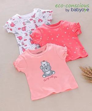 Babyoye Cotton Half Sleeves Tops Bear Print Pack of 3 - Peach Pink