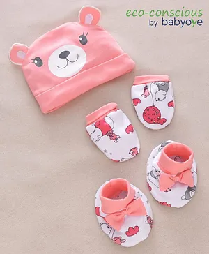 Babyoye 100% Cotton Caps Mittens & Booties Set Printed Pink - Diameter 11 cm