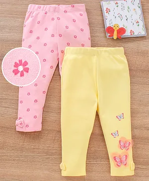 Babyoye Full Length Cotton Leggings Floral & Butterflies Print Pack Of 2 - Yellow Pink