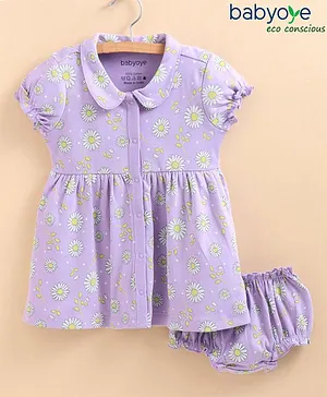 Babyoye Half Sleeves Cotton Frock With Bloomer Floral Print - Lavender