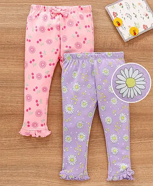 Babyoye Full Length Cotton Leggings Floral Print Pack Of 2 - Purple Pink