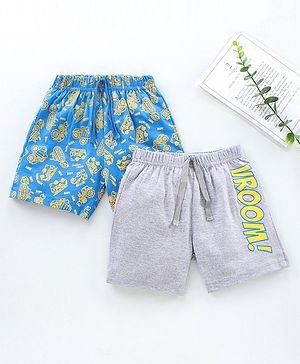 Babyhug Knit Shorts Vehicles & Text Print Pack of 2 - Blue Grey