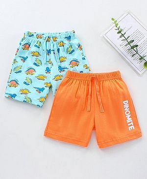 Babyhug Knit Shorts Dino & Text Print Pack of 2 - Sky Blue Coral