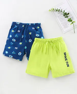 Babyhug Cotton Shorts Space Fun Print Pack Of 2 - Blue Green