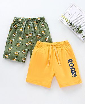 Babyhug Knit Shorts Tiger & Roar Print Pack of 2 - Olive Yellow