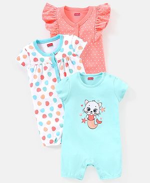 Babyhug 100% Cotton Knit Cap Sleeves Romper Sea Theme Print Pack of 3 - Multicolour