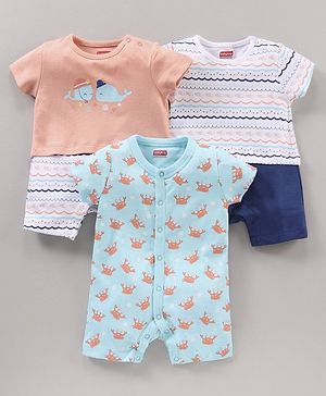 Babyhug 100% Cotton Half Sleeves Romper Marine Animals Print Pack of 3 - Multicolor