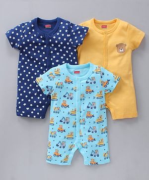 Babyhug 100% Cotton Half Sleeves Romper Multiprint Pack Of 3 - Multicolor