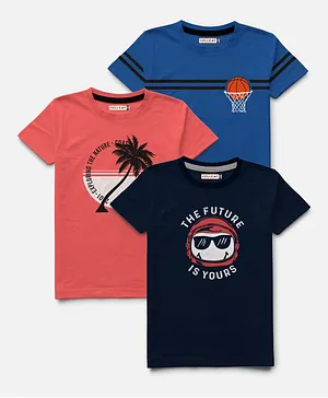 Hellcat Pack Of 3 Half Sleeves Basketball Palm Tree & Future Print Tees - Coral Red & Blue