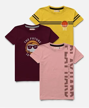 Hellcat Pack Of 3 Half Sleeves Basketball Future & Play Hard Print Tees - Pink & Yellow