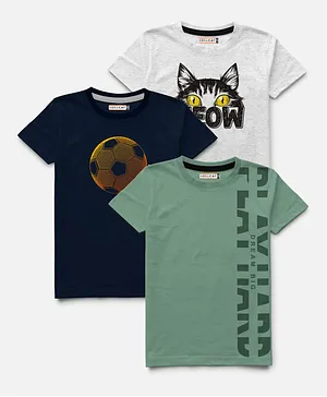 Hellcat Pack Of 3 Half Sleeves Cat Football & Play Hard Print Tees - Dark Blue & Grey