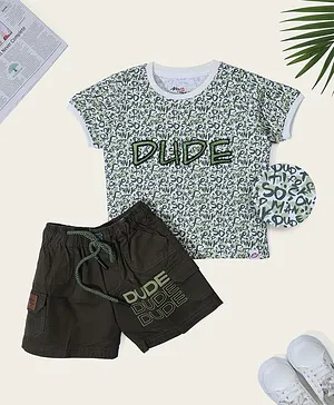 Nino Togs Half Sleeves All Over Letter Printed Tee With Shorts - Green