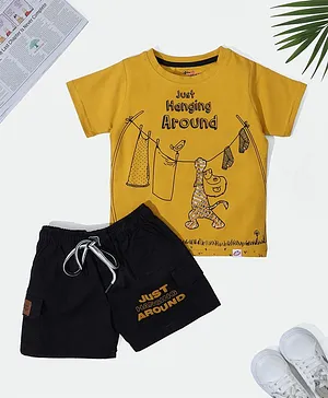 Nino Togs Half Sleeves Hanging Around Foil Print Tee & Cargo Shorts - Mustard Yellow & Black