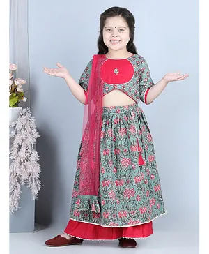 Kinder Kids Half Sleeves Floral Katha Print Choli & Lehenga With Dupatta - Green & Pink