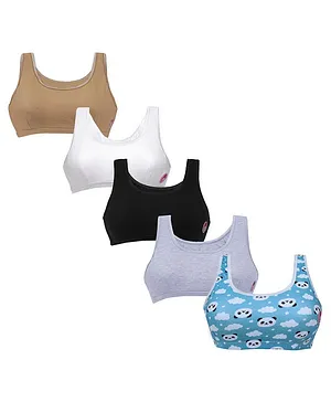 D'chica Set Of 5 Sleeveless Panda Print & Solid Bra - White Blue Melange Grey Skin Black
