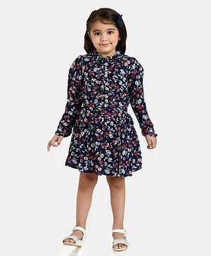 Peppermint Full Sleeves Floral Printed Casual Dress - Navy Blue