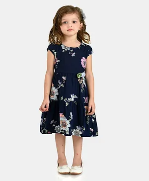 Peppermint Short Sleeves Floral Printed Dress - Navy Blue