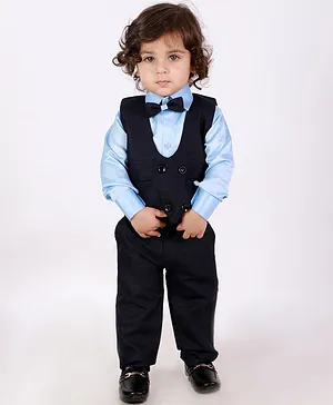 KID1 Full Sleeves Solid Party Wear Suit With Bow Tie - Navy Blue