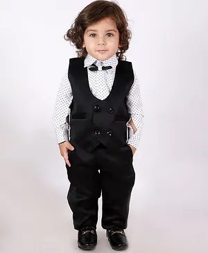 KID1 Full Sleeves Polka Dot Print Party Wear Suit With Bow Tie - Black