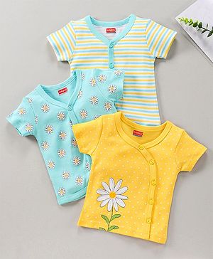 Babyhug Half Sleeves 100% Cotton Vest Floral And Stripe Print Pack Of 3 - Blue Yellow