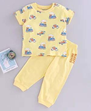 Babyoye 100% Cotton Eco Conscious Half Sleeves T-Shirt & Pyjama Set Train Engine Print - Yellow
