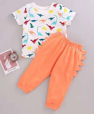 Babyoye 100% Cotton Eco Conscious Half Sleeves T-Shirt & Pyjama Set Dino Print & Applique - Multicolor