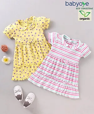 Babyoye Cotton Short Sleeves One Piece Frock Printed Pack of 2 - Yellow White