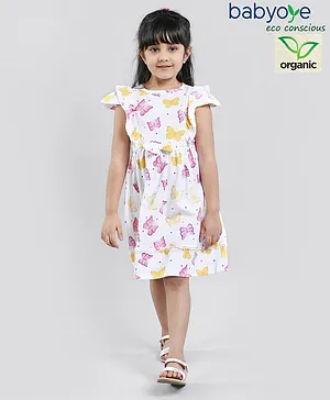 Babyoye Short Sleeves Cotton Frock With Lace & Bow Detailing Butterfly Print - White