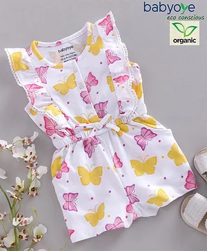 Babyoye Organic Cotton Flutter Sleeves Jumpsuit Butterfly Print - White