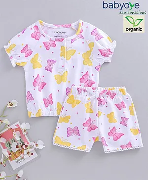 Babyoye Puffed Sleeves Top and Shorts Set Butterfly Print - White