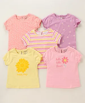 Babyoye Cotton Half Sleeves Tees Flowers Print Pack of 5 - Multicolor