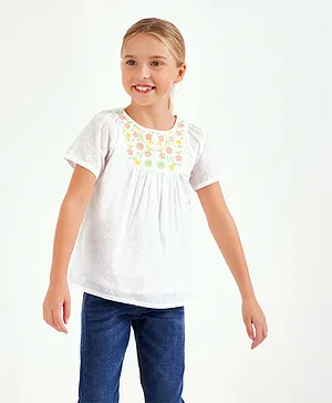 Primo Gino Half Sleeves Cotton Top Floral Embroidery - White