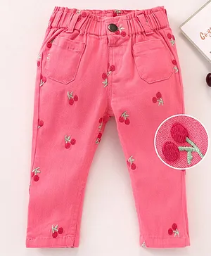 Babyoye Cotton Full Length Trousers Cherry  Embroidery- Pink