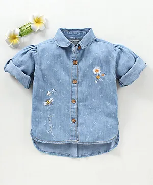 ToffyHouse Full Sleeves Denim Shirt with Floral Print & Embroidery - Blue
