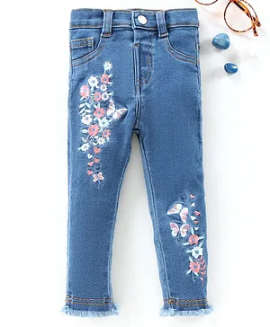 ToffyHouse Full Length Floral Embroidery Denim Jeans - Blue