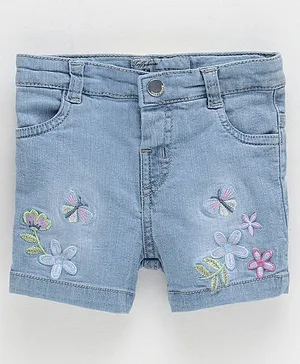 ToffyHouse Cotton Lycra Woven Short Length Shorts Floral Embroidered - Denim Blue
