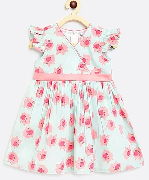 Campana Cap Sleeves Ruby Crossover Flower Print Dress- Sky Blue Pink
