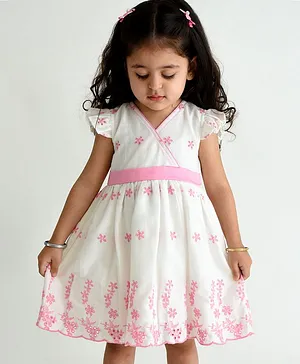 Campana Cap Sleeves Ruby Crossover Floral Embroidered Dress - White Pink